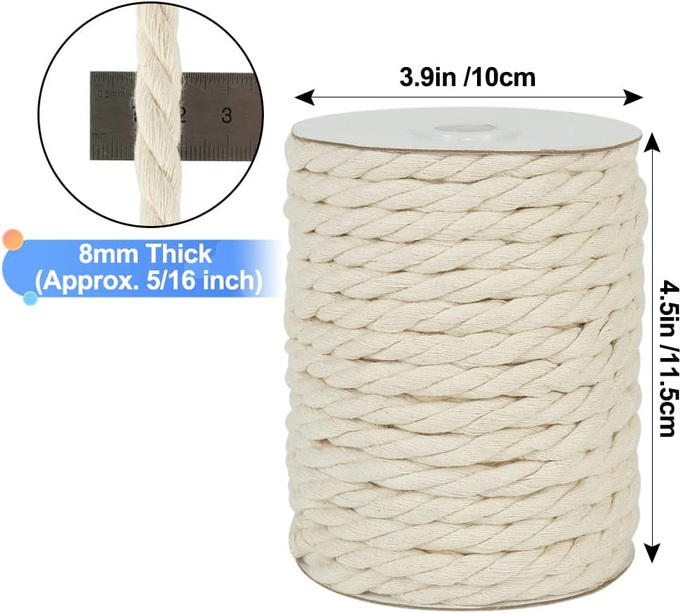 8Mm Macrame Cord, 59 Feet 3Ply Twisted Craft Cotton Rope Thick Nautical Rope for Crafts, Wall Hangings, Plant Hangers, Knotting, Rope Basket Making (Beige)