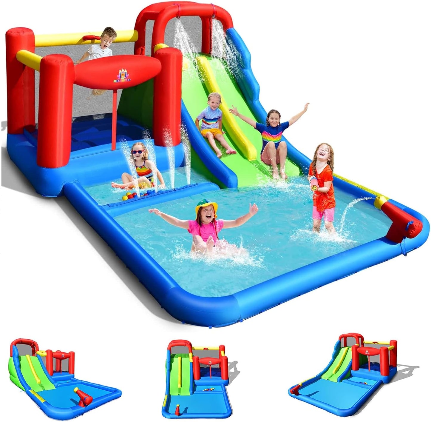 Inflatable Water Slide, 8 in 1 Mega Waterslide Park Bounce House for Outdoor Fun W/735W Blower, Long Slide, Splash Pool, Water Slides Inflatables for Kids and Adults Backyard Party Gifts