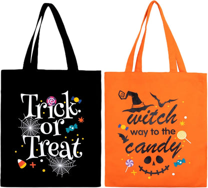 Halloween Canvas Tote Bags Trick or Treat Tote Candy Bag Reusable Cotton Handbag Grocery Bags for Halloween Party Favor Gift Bags, 2 Pack, 15.7" X 13.4"