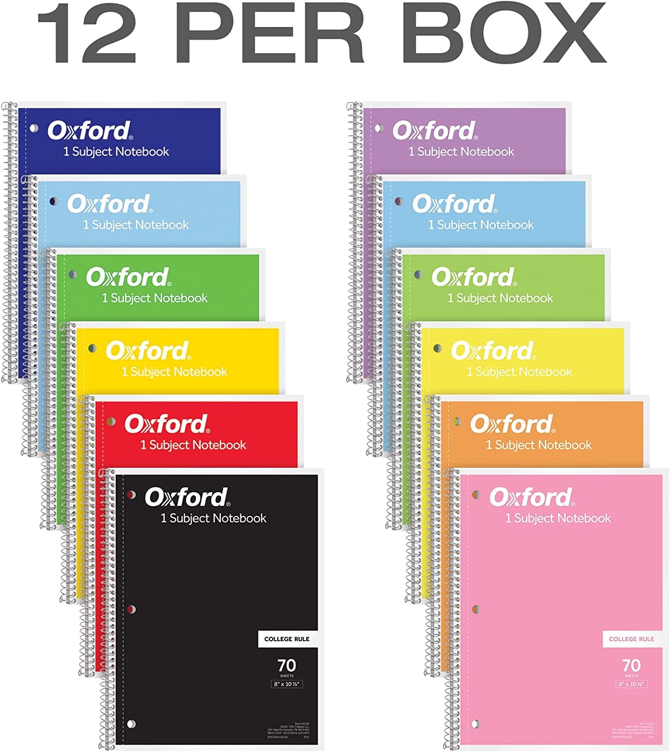 Spiral Notebook 12 Pack, 1 Subject, College Ruled Paper, 8 X 10-1/2 Inches, Color Assortment May Vary, 70 Sheets (65205)