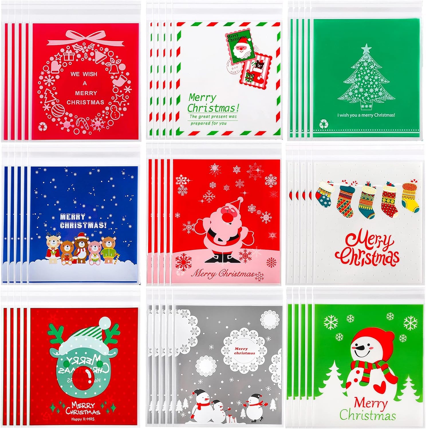 450 PCS Christmas Candy Bags Self-Adhesive Candy Cellophane Bags Plastic Cookie Bags for Christmas Holiday Party Gift Decoration Supplies Favor (9 Patterns