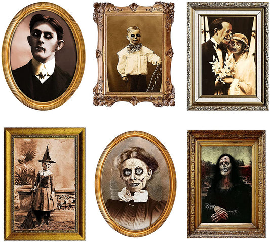 Halloween Decorations 3D Changing Face Horror Pictures Moving Portrait Haunted Pictures Gothic Mansion Portraits Tabletop Picture Frame Scary Wall Decoration for Halloween Party House (Chic,6 PCS)