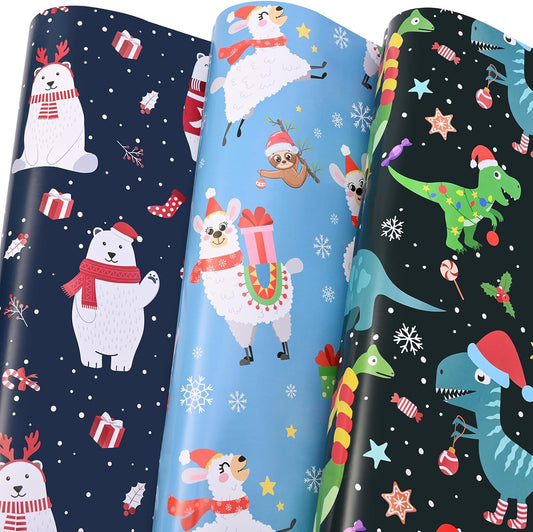 Christmas Wrapping Paper for Kids Boys Girls 6 Large Sheet Gift Wrapping Paper Xmas Holiday Gift Wrap Paper Christmas Decorations Pattern Dinosaur, Bear, Llama, Sloth Folded Flat 27 * 37Inch