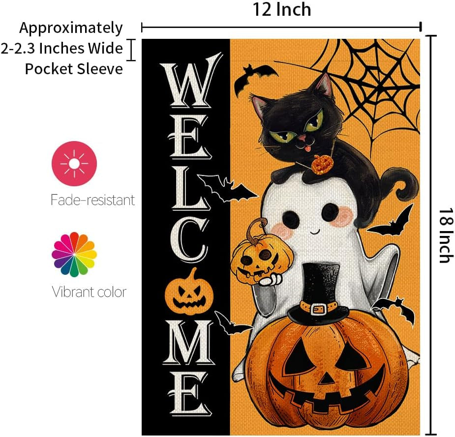 Halloween Garden Flag Cat Ghost Jack-O Lantern 12X18 Inch Double Sided for outside Small Holiday Yard Decoration