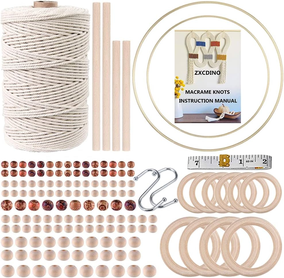 152Pcs Macrame Kits for Beginners 3Mm X 220Yards Natural Cotton Macrame Cord with Wooden Beads,Wooden Rings,Wooden Sticks,Metal Rings Macrame Supplies Best for Macrame Plant Hanger