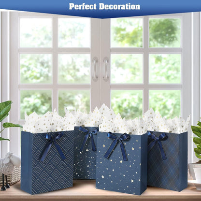 4 Pack 9" Medium Size Gift Bags Assorted Premium Blue Gift Bags with Tissue Paper Use for Birthdays, Baby Shower,Weddings,Party Favor, Holiday Presents-7" X 4" X 9"