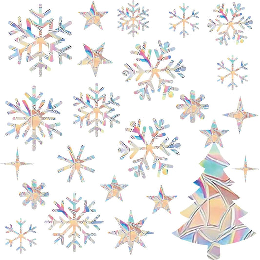 28 Pieces Snowflake Window Clings - Sun Catcher Stickers Window Decals for Glass Windows to Prevent Bird Strikes Collisions Non Adhesive Prismatic Vinyl Rainbow Christmas Window Stickers