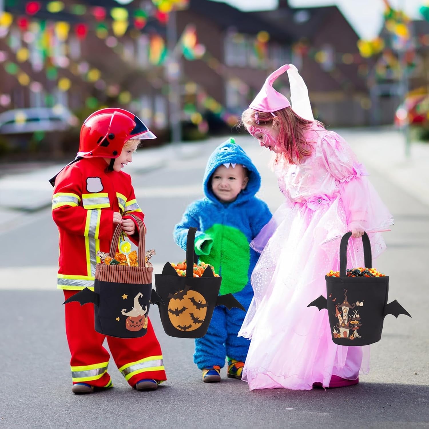 Halloween Candy Trick or Treat Goodie Bags Kids Bat Bucket Basket with Handle Large Reusable Multipurpose Canvas Tote Bag Halloween Gifts Party Favors Supplies for Kids,Black