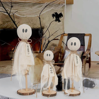 Halloween Decorations Indoor - Primitive Halloween Ghosts on Wooden Stand for Table Centerpieces, Shelves, and Mantels - Spooky Halloween Decor