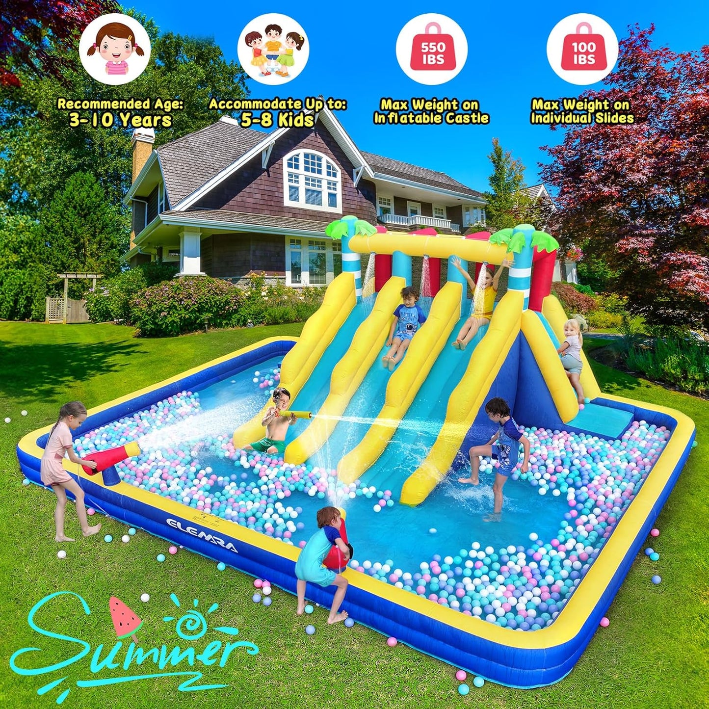 20.66X16.4Ft Inflatable Water Slide for Big Kids, Water Park for Kids Backyard with Large Double-Layer Pool,3 Extra-Long Slides,Climbing Wall, 2 Water Cannons, Water Spraying, 750W Air Blower
