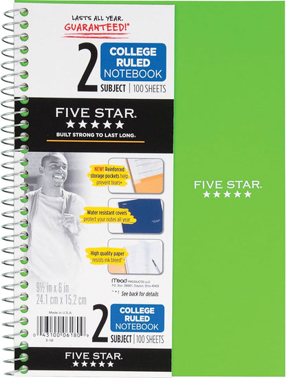 Spiral Notebook, 2 Subject, College Ruled Paper, 100 Sheets, 9-1/2" X 6", Color Selected for You, 1 Count (06180)