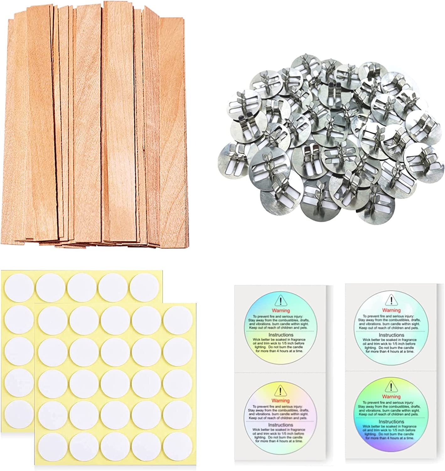 200 Pcs Thickned Wooden Candle Wicks. 5.1 X 0.5 X 0.04 Inch Natural Crackling Wicks, Long Lasting Smokeless Wood Wicks with Iron Standers, Wick Stickers, and Warning Labels- 50 Sets