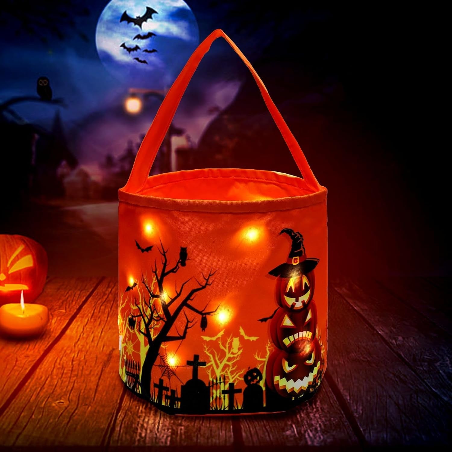 Halloween Trick or Treat Candy Bags LED Light up Pumpkin Bucket, Collapsible Reusable Candy Basket, Fabric Tote Gift Goody Bags for Kids Halloween Party (Orange-Led)