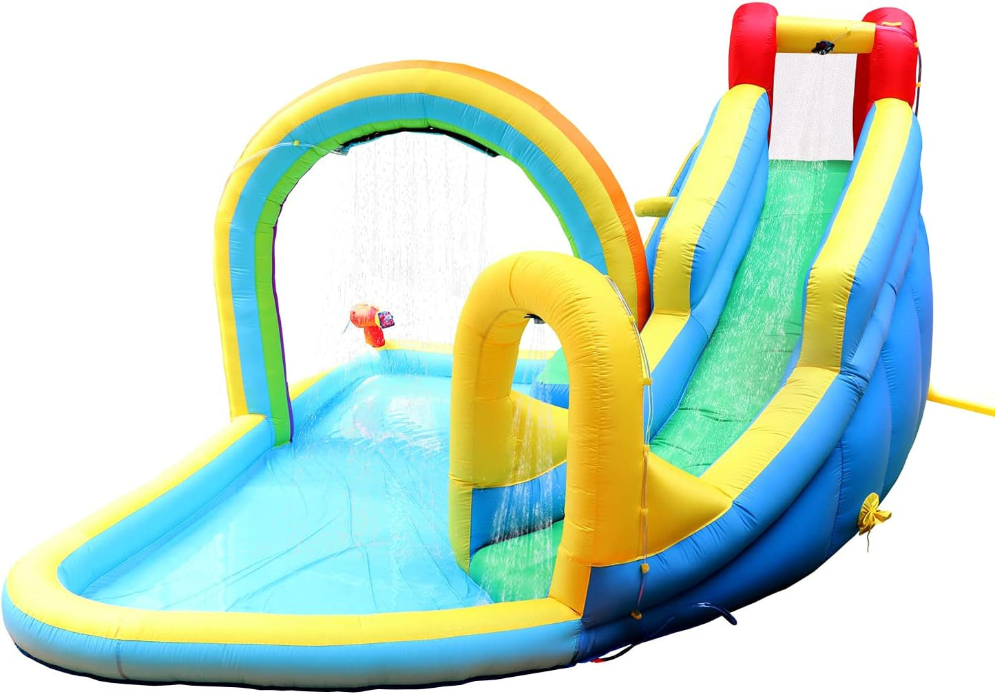 Inflatable Water Slide Park with Air Blower, Kids Inflatable Bouncer House Slide, Climbing Wall, Splash Pool and Rainbow Sprinkler