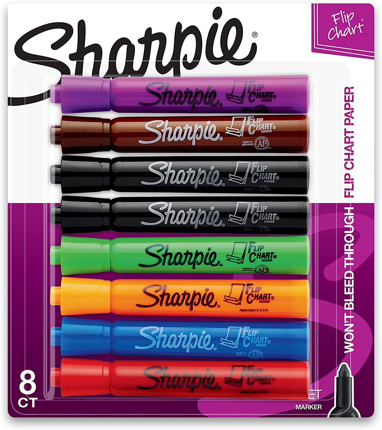 Flip Chart Markers, Bullet Tip, Assorted Colors, 8 Pack
