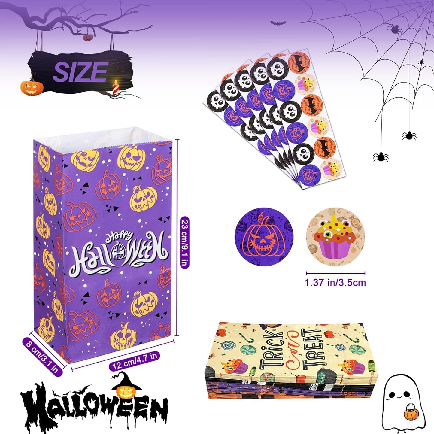 Halloween Candy Bags Party Favors - 24Pcs Halloween Trick or Treat Goody Gags Gift Treat Bags with 24 Pcs Halloween Stickers, Halloween Bags Party Supplies Small Gift Bags for Kids Girls Child Boys