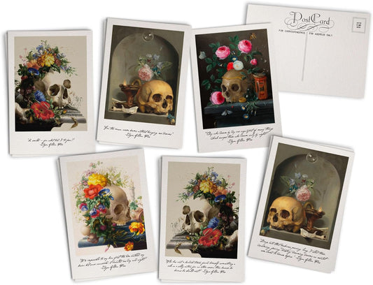 Antique Skulls & Flowers Post Cards - 24 Vintage Still Life Postcards - 6 Assorted Retro Book Illustration Cards with Edgar Allen Poe Quotes - Printed on Vintage Textured Style Cardstock