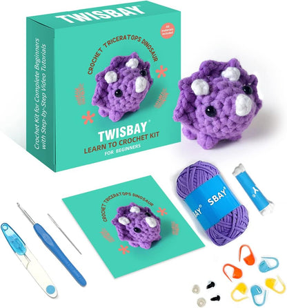 Crochet Kit for Beginners with Crochet Yarn - Triceratops Dinosaur Amigurumi Crochet Kit with Step-By-Step Video Tutorials for Adults and Kids