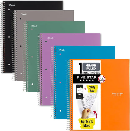Spiral Notebook + Study App, 6 Pack, 1 Subject, Graph Ruled Paper, 8-1/2" X 11", 100 Sheets, Fights Ink Bleed, Water Resistant Cover, Purple, Orange, Green, Blue, Gray, Black (73549)
