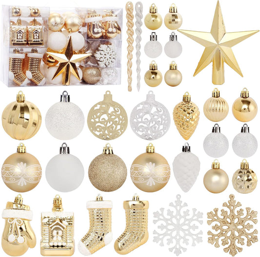 Christmas Tree Ornament, 132Pcs Christmas Tree Decoration Set Gold White Christmas Ball Shatterproof Hanging Tree Ornament Large and Small Ornaments Assortment for Christmas Tree Decor Holiday Party