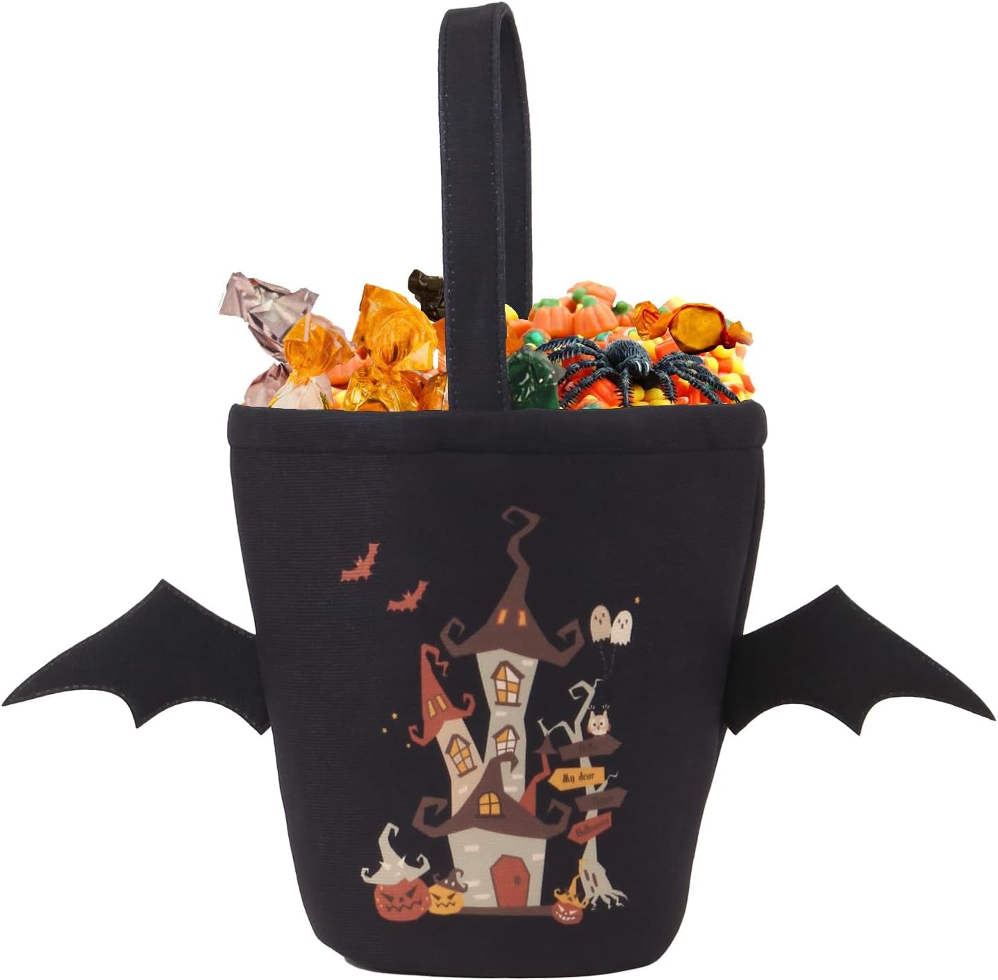 Halloween Candy Trick or Treat Goodie Bags Kids Haunted House Bucket Basket with Handle Large Reusable Multipurpose Canvas Tote Bag Halloween Gifts Party Favors Supplies for Kids,Black