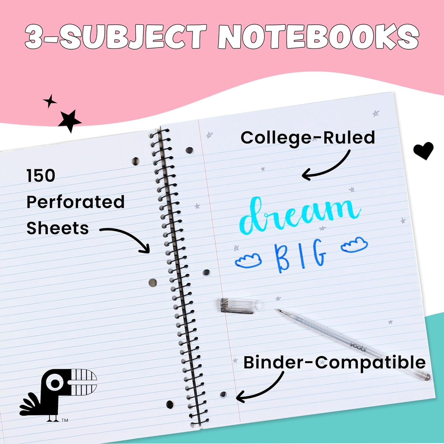 College Ruled 8 X 10.5” Spiral Notebook Set – Bulk 3-Pack of 3 Subject Notebooks, Blue, Mint Green & Blush Pink Colors – 150 Perforated, 3-Hole Punched Sheets, for School, Office & Home