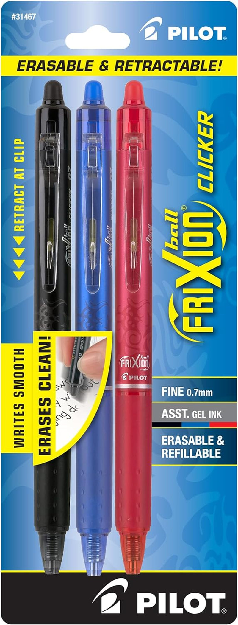 Frixion Clicker Erasable, Refillable & Retractable Gel Ink Pens, Fine Point, Black/Blue/Red Inks, 3-Pack (31467)