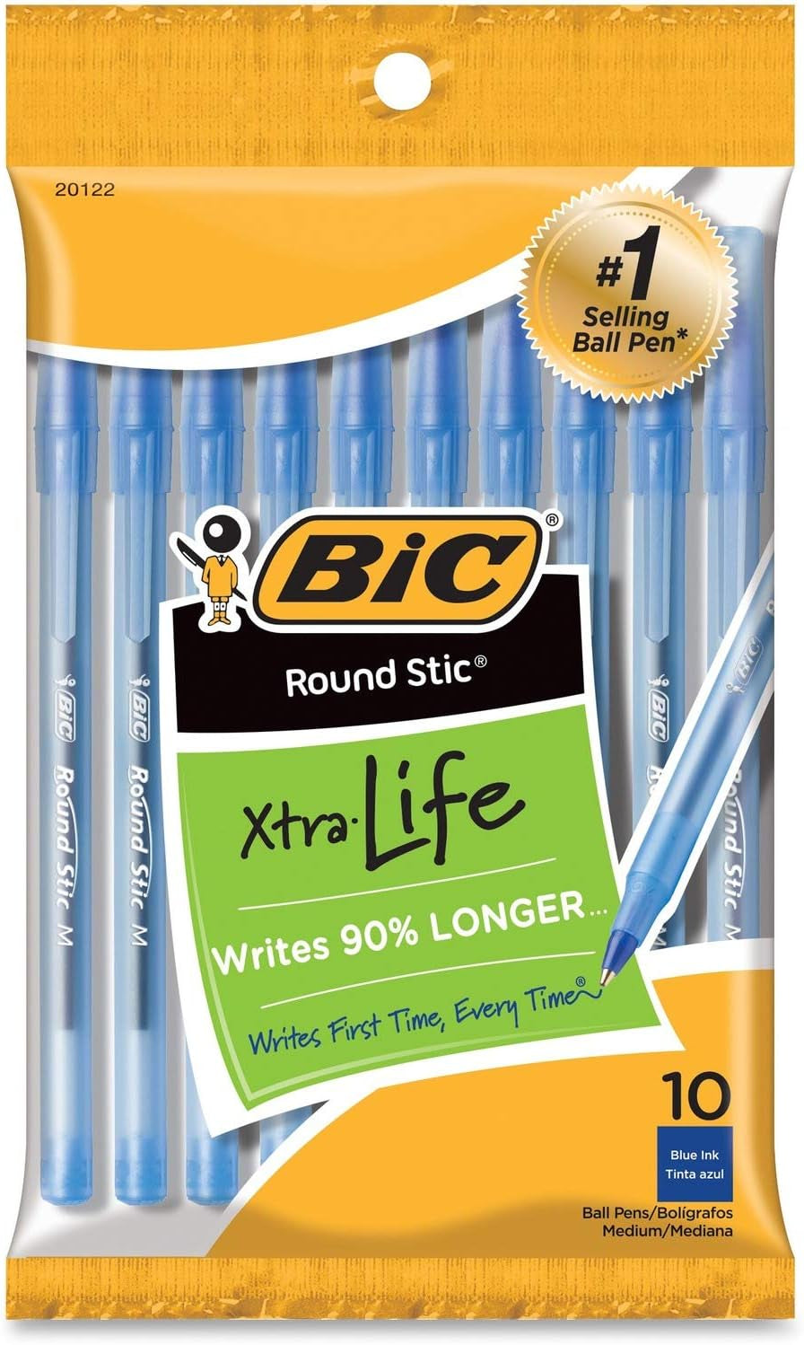 round Stic Ball Pens Stick, Blue, Medium Point, 10-Pack