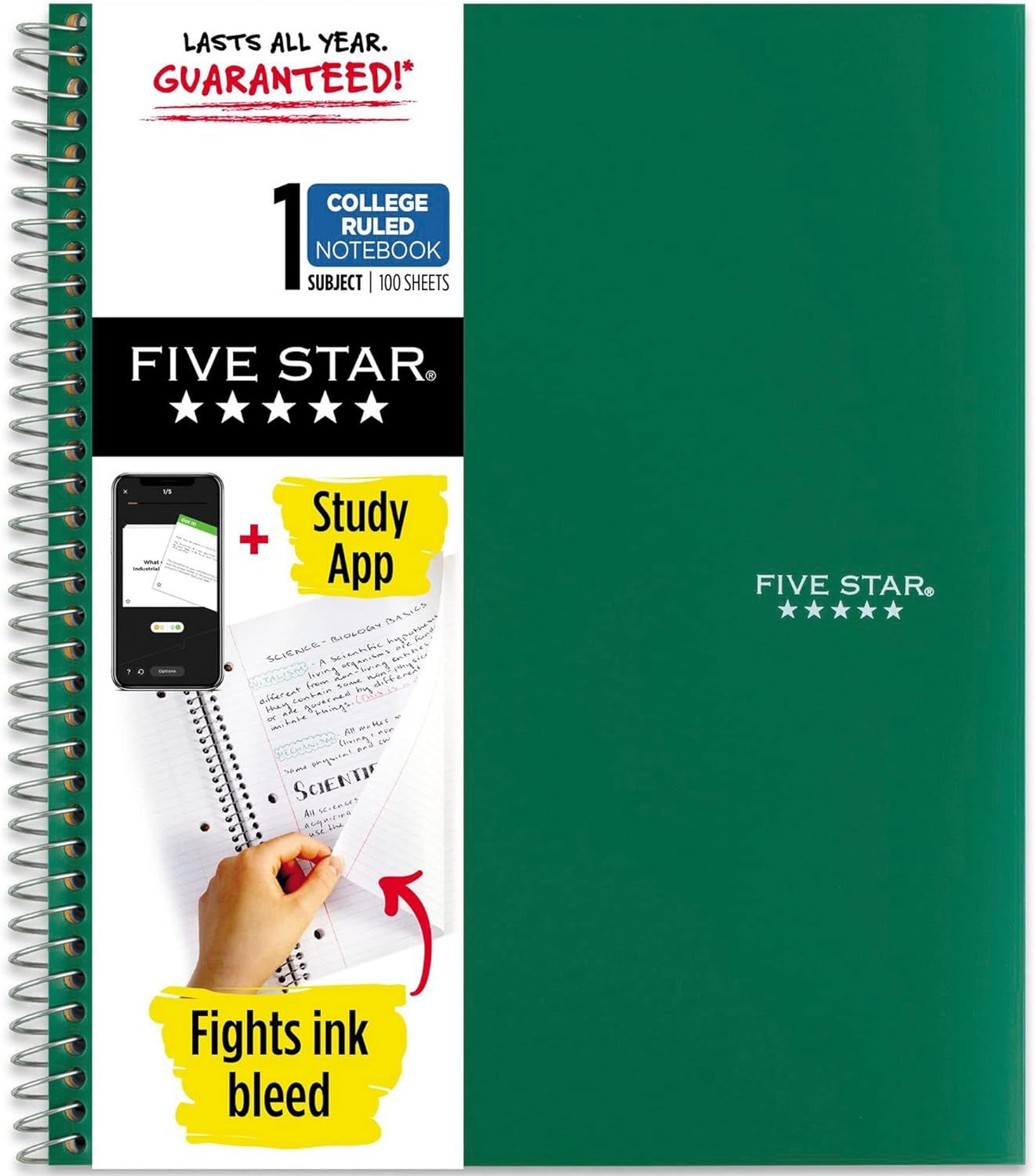 Spiral Notebook, 1 Subject, College Ruled Paper, 100 Sheets, 11" X 8-1/2", School, Wired, Green (72055)