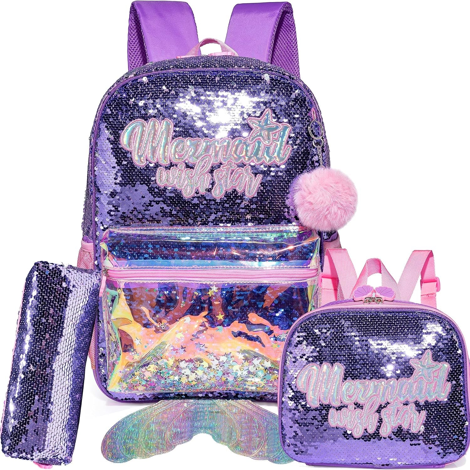 Backpack for Girls Cute Mermaid School Backpacks 4 in 1 Kids Sequin Bookbag for Elementary Kindergarten Students with Lunch Box Pencil Case for Girls 5-12 Years Old