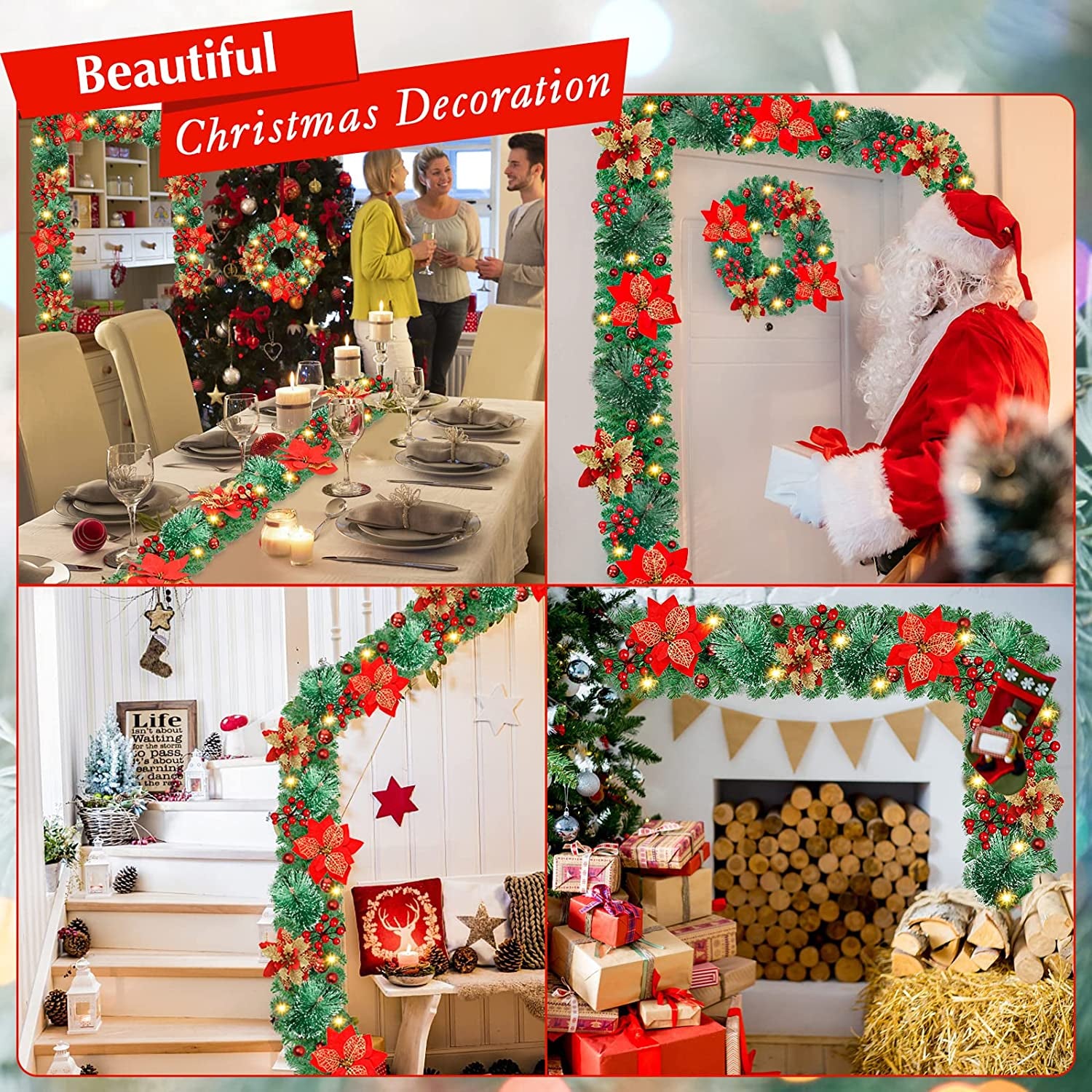 Christmas Garland,Christmas Garland with Lights,Outdoor Christmas Garland,9Ft Pre-Lit Christmas Garland for Interior Decoration,Fireplaces,Stairs,Door Christmas Garlands Decorations Battery Operated