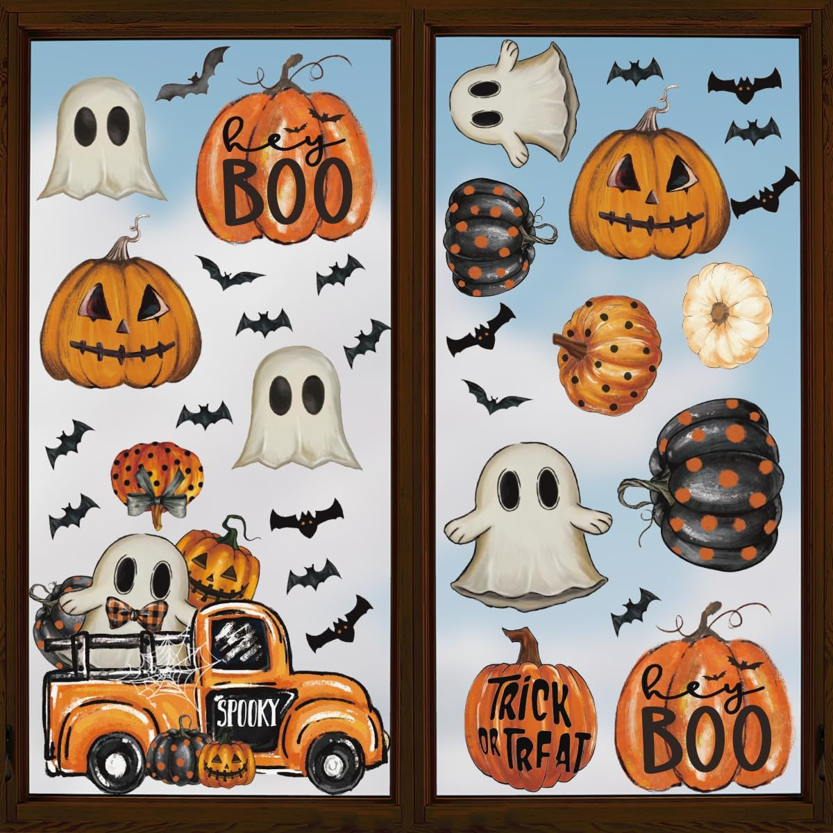 40 PCS Halloween Window Cling Sticker, Jack-O-Lantern Pumpkin Truck Gnome Ghost Bats Cat Home Party Supplies Shop Window Glass Display Decoration