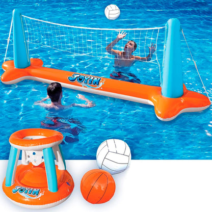 Inflatable Pool Float Set Volleyball Net & Basketball Hoops, Floating Swimming Game Toy for Kids and Adults, Summer Floaties, Volleyball Court (105”X28”X35”)|Basketball (27”X23”X27”),L-Orange