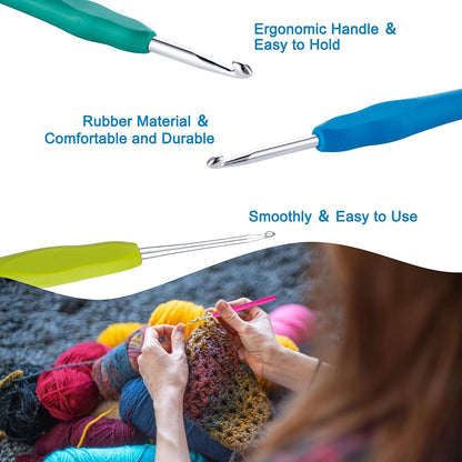 23 PCS Crochet Hooks, Ergonomic Handle Crochet Hooks Set for Arthritic Hands, Comfortable Smooth Crochet Needles Extra Long Knitting Needles with Stitch Markers, Rubber, Multicolor