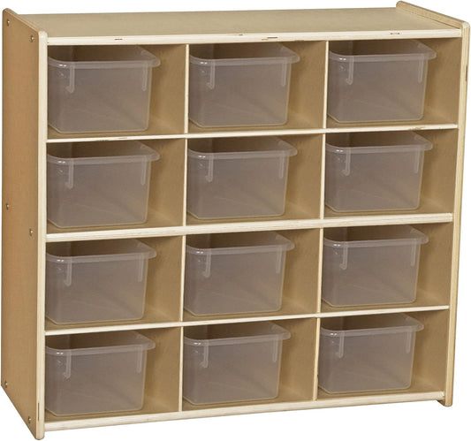 12-Cubby Storage Unit with Clear Tubs, 12 Compartment Storage Organizer in Birch Plywood, Natural