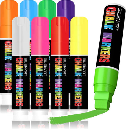 Liquid Chalk Markers - 8 Color, 24 Labels, Reversible Tips - Dry & Wet Erase Chalkboad Markers for Blackboard Fisrt Day of School Board Window Car Glass Chalk Marker Chalk Pens