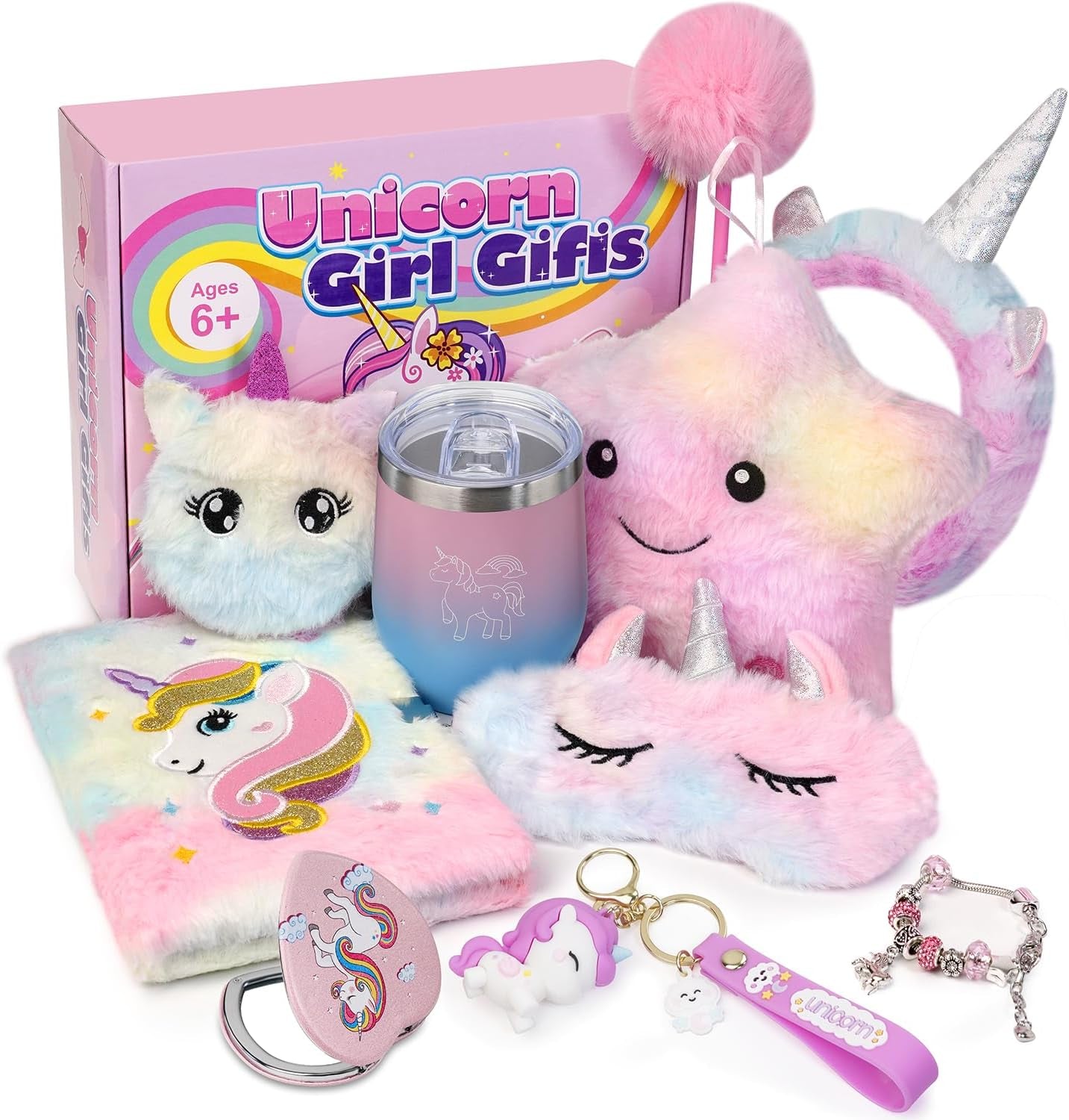 Unicorn Gifts for Girls 4 5 6 7 8 9 10+ Years Old, Kids Unicorns Toys with Light up Plush Star Pillow/Diary/Headband/Eye Mask/Water Bottle, Soft Plush Toys Set for Birthday Gift Christmas