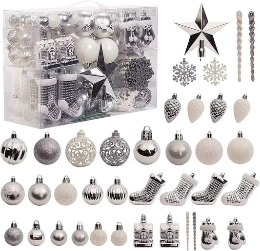 Christmas Tree Ornament, 132Pcs Christmas Tree Decoration Set Silver Christmas Ball Shatterproof Hanging Tree Ornament Large and Small Ornaments Assortment for Christmas Tree Decor Holiday Party