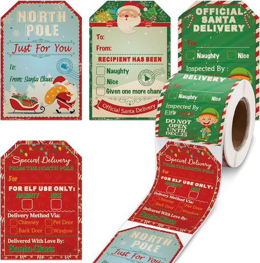 200 Pieces from Santa Claus Stickers Roll Vintage Christmas Tags Stickers Santa Delivery from the North Pole Present Stickers Labels for Christmas Party Decorations, 2.3 X 3.34 Inch(Dark Color)