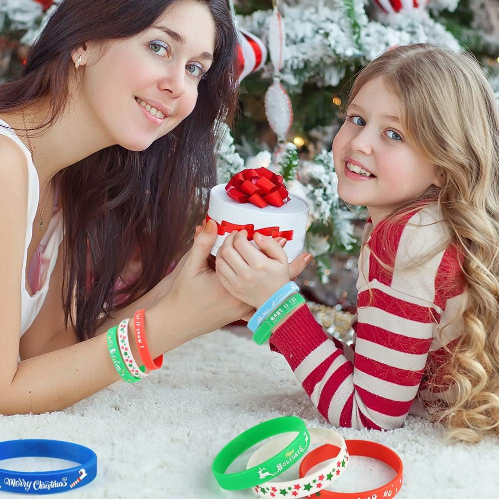 40PCS Christmas Silicone Bracelets, Xmas Rubber Wristbands Accessories Gift for Kids Adults Stocking Stuffers, New Year Holiday Decoration Wrist Band Party Supplies Favors