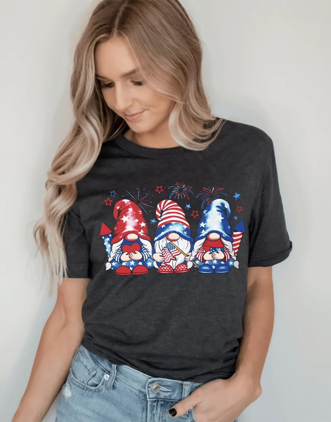 4Th of July Gnomes Shirt for Womens Funny Patriotic Graphic Tee Shirt USA Flag Stars Stripes Tee Tops