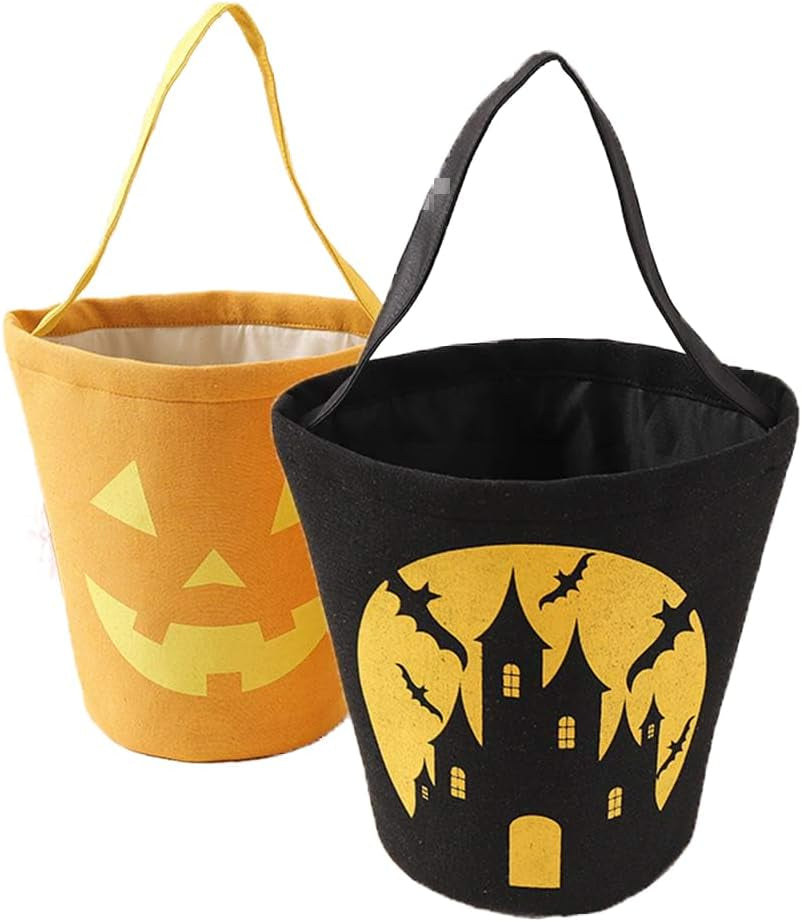 Halloween Trick or Treat Bag, Pumpkin Canvas Candy Tote Bucket Multipurpose Portable Collapsible Reusable Goody Bucket - Best Halloween Party Gifts