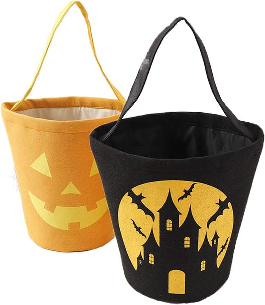 Halloween Trick or Treat Bag, Pumpkin Canvas Candy Tote Bucket Multipurpose Portable Collapsible Reusable Goody Bucket - Best Halloween Party Gifts