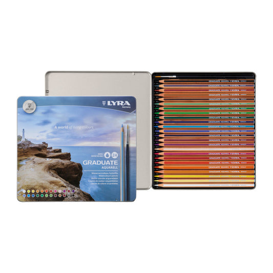 Graduate Watercolor Pencils Set Tin with Brush, Assorted Colors, 24 Pieces
