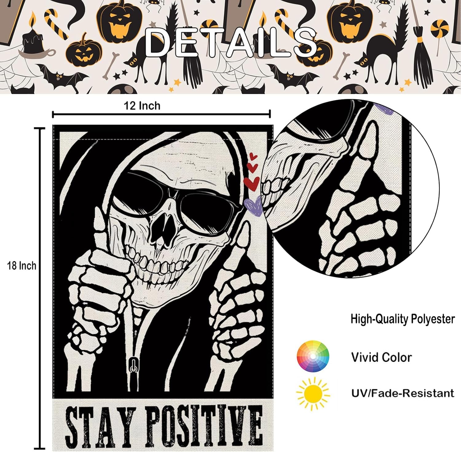 Halloween Garden Flags for outside Decoration, STAY POSITIVE Funny Skeleton Small Yard Flag for Outdoor Decor 12X18 Inch Vertical Double Sided