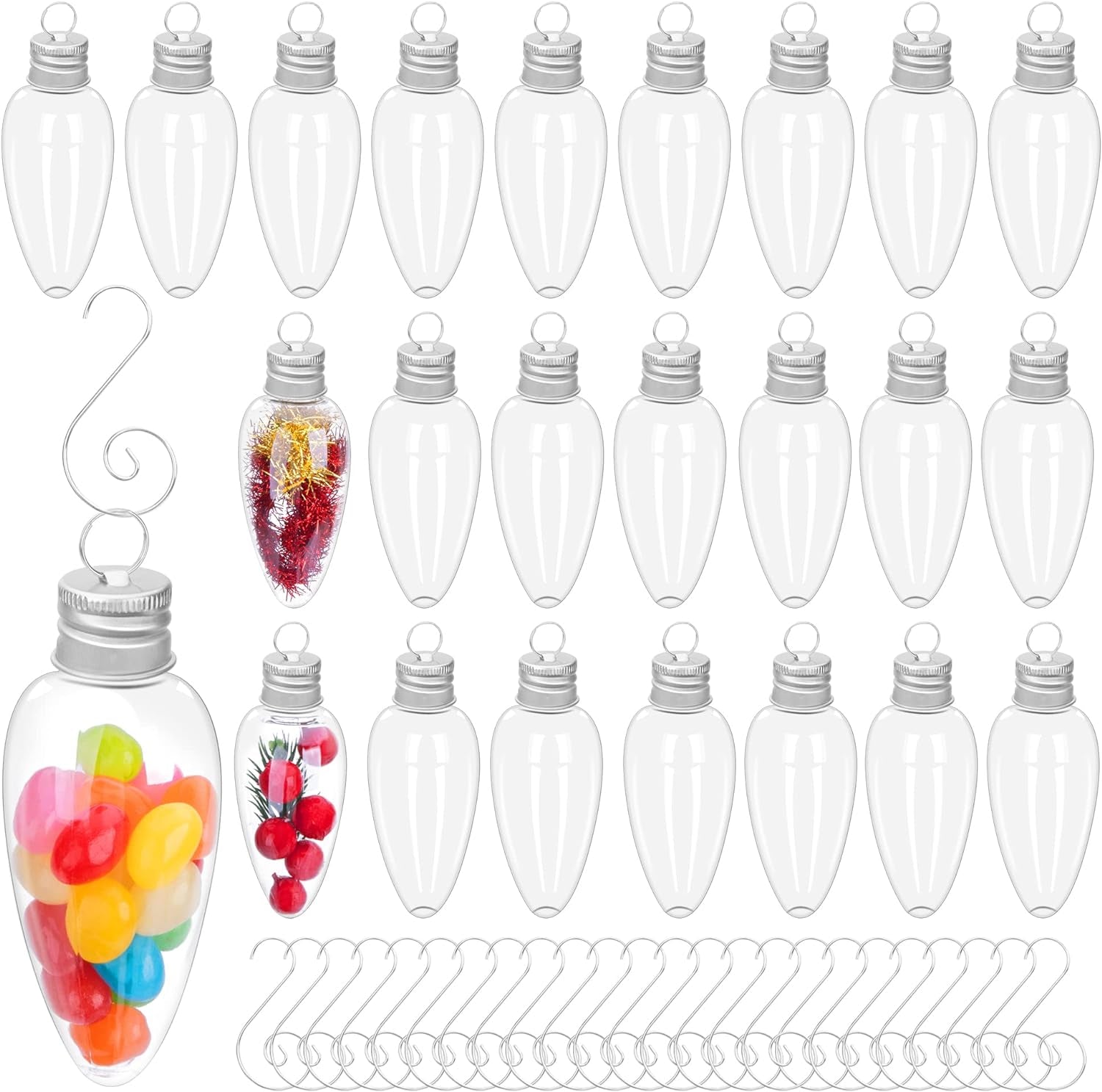 24 PCS Christmas Booze Balls-Fillable Booze Tree Ornaments with S Hook-Light Bulb Ornaments for Crafts-Clear Plastic Xmas Ornaments Booze Ball for Xmas Home Party Decor