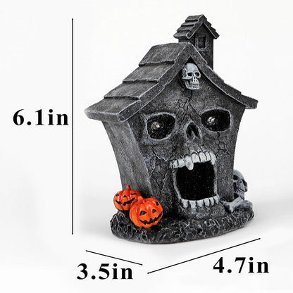 Halloween Skull Head Haunted House Village Figurine Decoration Resin Mansion Lighted Table Decor for Home Kitchen Fireplace Office Desk Indoor Yard Lawn Outdoor Ornaments Party Props