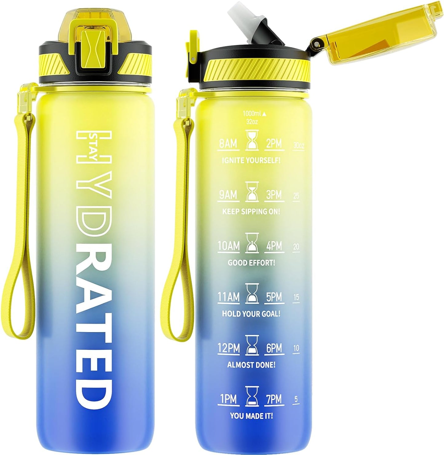 Water Bottle with Straw, 32 Oz Motivational Water Bottles with Time Marker to Drink, Tritan BPA Free, 1L Sports Water Bottle with Carry Strap Leakproof for Men Gym Fitness Outdoor (1 Pack)