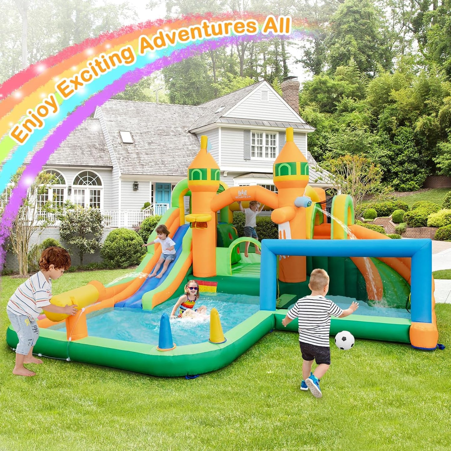 Inflatable Water Slide Park, 9 in 1 Mega Waterslide Bounce House for Outdoor W/Dual Slides, Giant Splash Pool, 735W Blower, Water Slides Inflatables for Kids and Adults Backyard Party Gifts