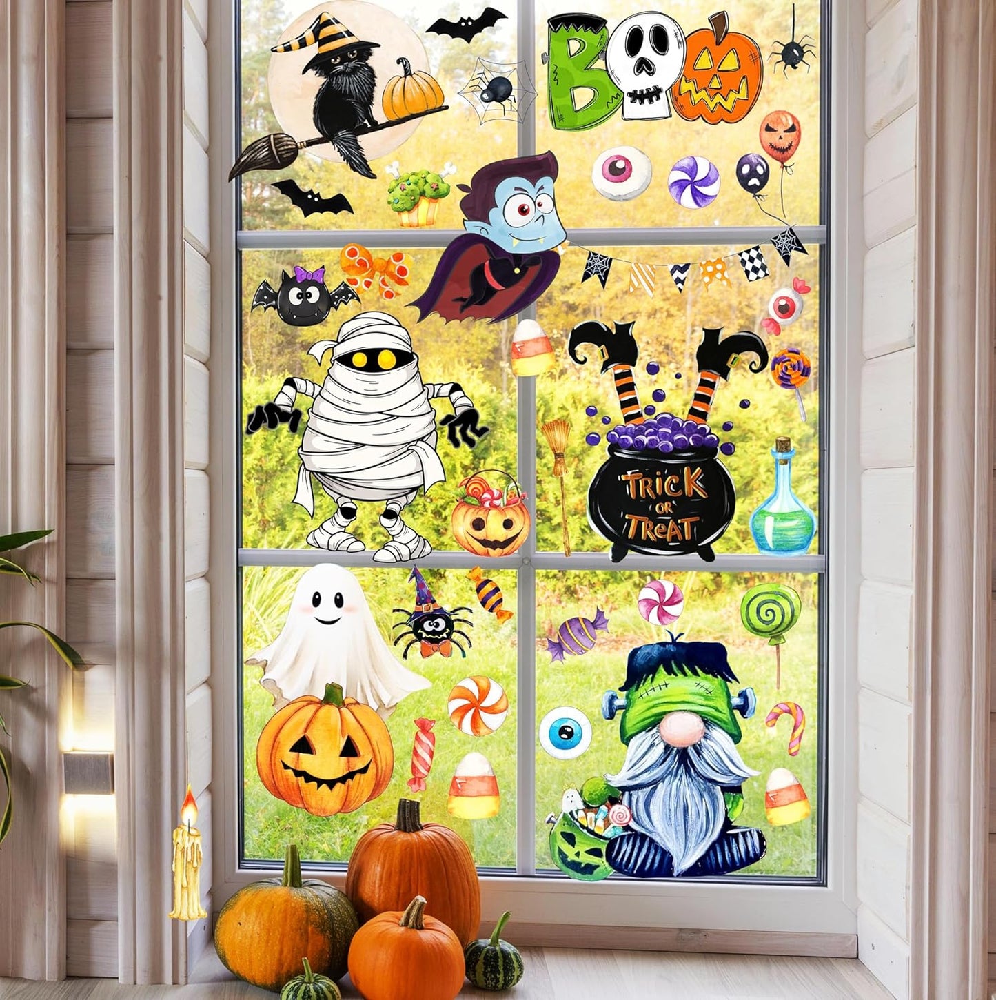 6 Sheets Halloween Window Clings Halloween Window Decorations Halloween Window Stickers Cute Oil Painting Window Decals for Halloween Home Indoor Wall Window Decor